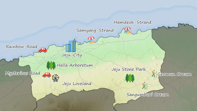 Eine Übersichtskarte, welche die Attraktionen im Norden der Insel Jeju darstellt.