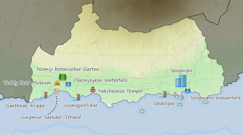 Eine Übersichtskarte, welche die Attraktionen im Süden der Insel Jeju darstellt.